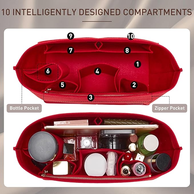 Doxo Purse Organizer Insert for Handbags & Base Shaper 2pc Set, Felt Neverfull MM Organizer Insert, Tote Bag Organizer with Zipper Pocket and Bottle Holder, Fit Speedy 30 Neverfull MM and More,Red-L - Image 4