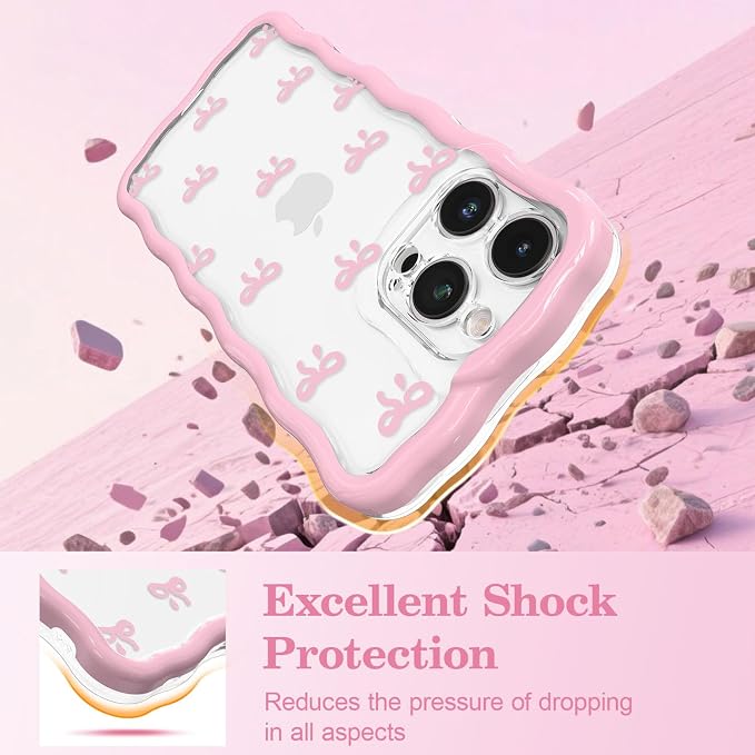 QLTYPRI for iPhone 16 Pro Pink Bow Case, Clear Cute Pink Ribbon Bow Phone Case Curly Wavy Aesthetic Phone Cover, Soft Slim Transparent TPU Shockproof Protective Cover for Women Girls - Tiny Bow - Image 4
