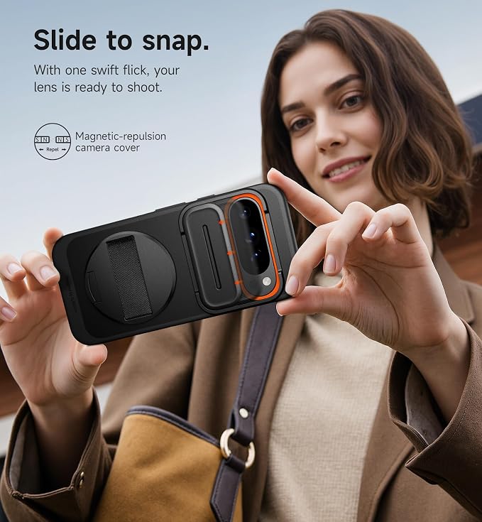 SURITCH for Google Pixel 9/9 Pro Case with 360° Rotatable Hand Strap Phone Grip Holder & Invisible Kickstand & Slide Camera Cover, Slim Rugged Shockproof Protective Cover for Pixel 9/9 Pro, Black - Image 7