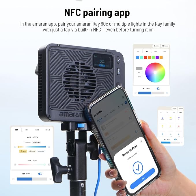 amaran Ray 60c RGB Video Light,60W Portable Studio Light IP54 Bowens Mount | CCT 1,800K-20,000K,3910Lux/1m,w/Softbox Portable Bag for Vlog,Live Streaming,Weddings, Events, Conventions - Image 6