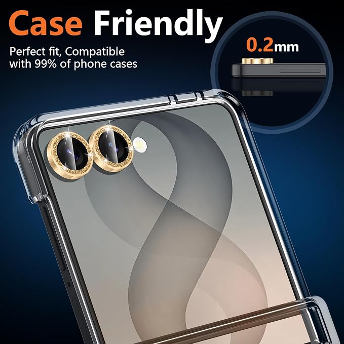 for Samsung Galaxy Z Flip 8 Camera Lens Protector, Individual Metal Ring Tempered Glass Lens Cover, [Strong Adsorption] Scratch Resistant Ultra-Thin HD Clear Lens Cover, 1 Set-Gold Sparkly - Image 6