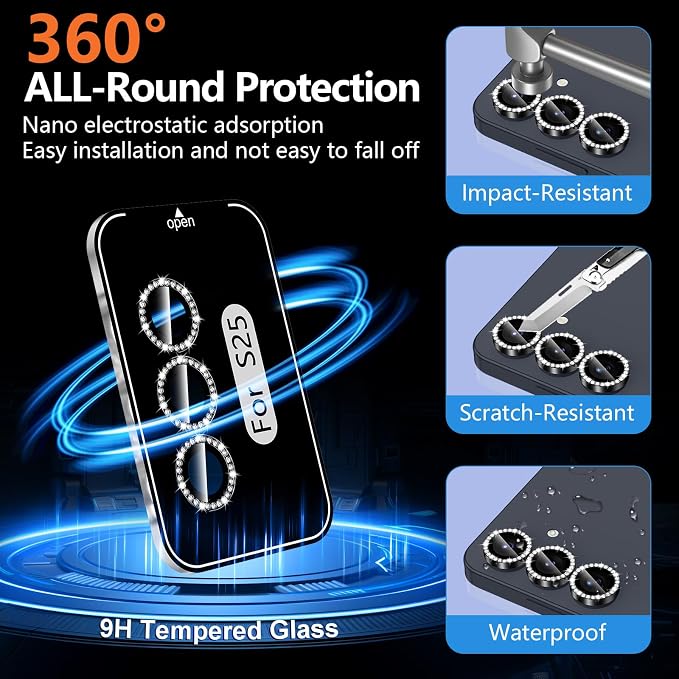 for Samsung Galaxy S25 Camera Lens Protector, Individual Metal Ring Tempered Glass Lens Cover, [Strong Adsorption] Scratch Resistant Ultra-Thin HD Clear Lens Cover, 1 Set-Black Diamond - Image 2