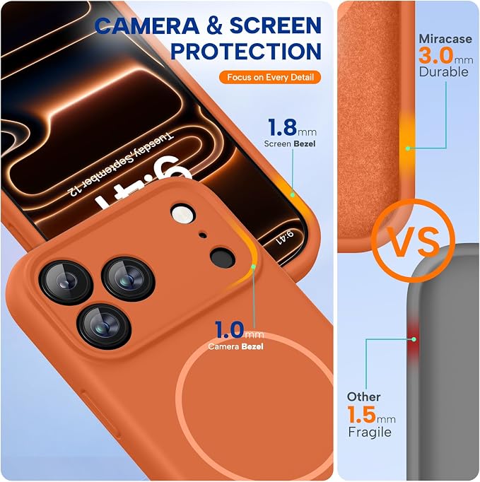 Miracase Magnetic for iPhone 17 Pro Case, Silicone, Amber Orange | Compatible with MagSafe, Soft Microfiber Lining,Shockproof Drop Protection Phone Case for 17 Pro - Image 4