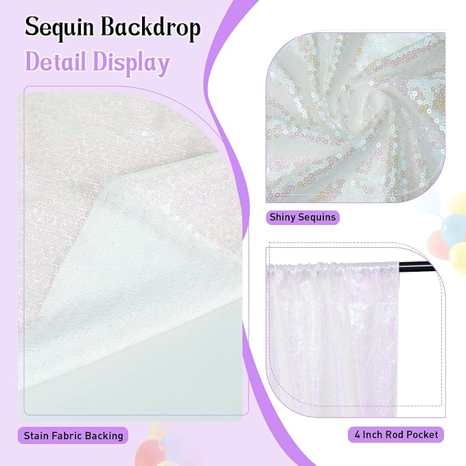 SquarePie 8x8ft Iridescent Sequin Backdrop, High Density Non-Transparent Glitter Curtain for Photography, Birthday, Wedding Party Decorations, Thick Solid Background with 4" Rod Pocket, 1 Panel - Image 3