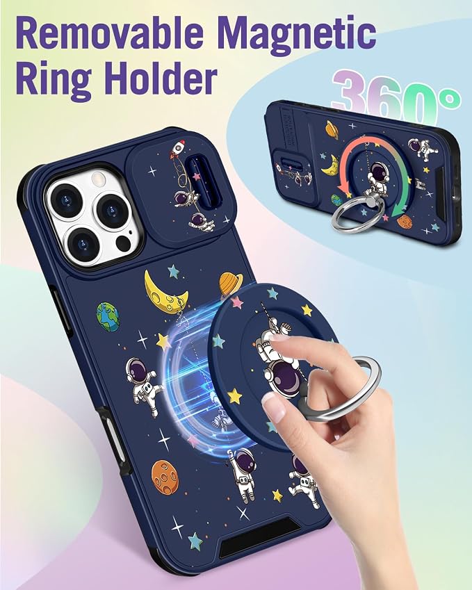 Buleens for iPhone 16 Pro Max Case 6.9 Inch - with Ring Stand & Camera Cover Aesthetic Cute Designed for Women Girls Girly Cartoon Astronaut Phone Case for iPhone 16 Pro Max Compatible with Magsafe - Image 5