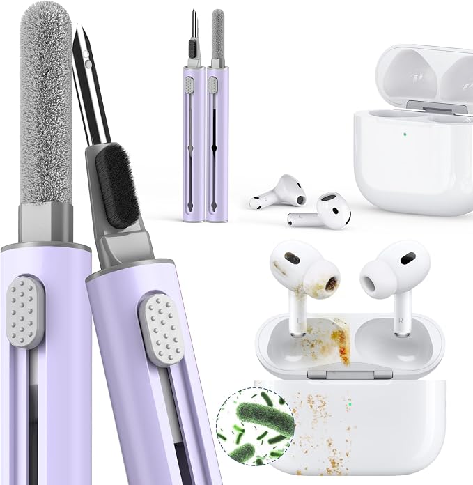 Inesore for AirPod Cleaning Kit, for Phone Earbuds Electronics (Purple) | Metal Tip, High-Density Soft Brush, Flocked Sponge Tip, 3 in 1 Design, Compact & Lightweight, Easy Operation, Easy to Carry by Inesore