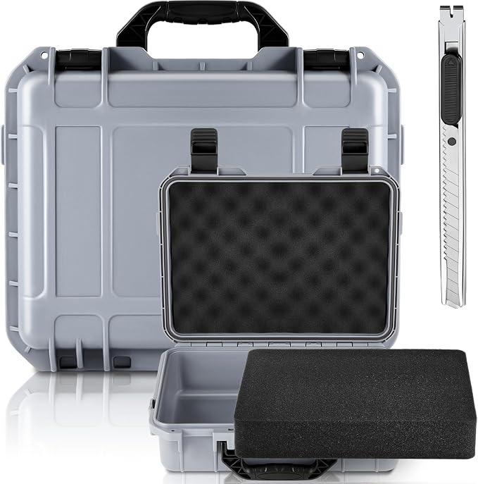 Relaxweex 1 Pcs Waterproof Hard Case with DIY Customizable Foam Insert Portable Protective Case with Knife for Camera Drones Equipments Tools Test Instruments(Gray,16.3 x 12.4 x 6.5 Inch) by Relaxweex