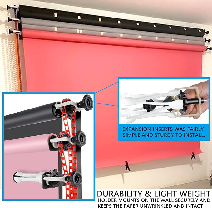 Photography Backdrop Wall Mount 3 Roller Support System | Manual Photo Background Ceiling Holder, Including 2 Tri-fold Hooks, 6 Expand Bars, 3 Chains, for Home Studio Game Video - Image 3