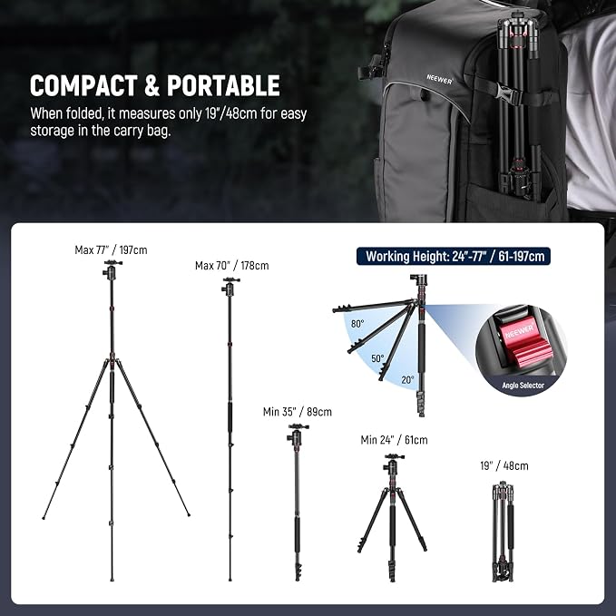 NEEWER 77" Camera Tripod Monopod with Cell Phone Holder Compatible with iPhone for Video Recording, Compact Aluminum Travel Stand with Ball Head QR Plate Bag Cleaning Cloth, Max Load 34lb, TP77 - Image 7