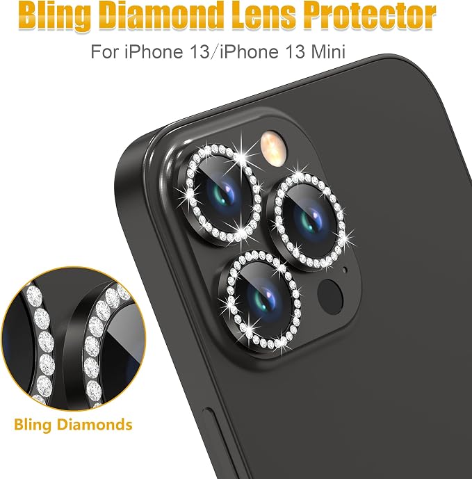 AGVEE 3+3 6 Pack for iPhone 13 Pro & Max Camera Lens Protector Cover | Individual Bling Diamond & Bling Glitter Sparkle Cute Gem Metal Ring, 9H Tempered HD Glass - Image 4