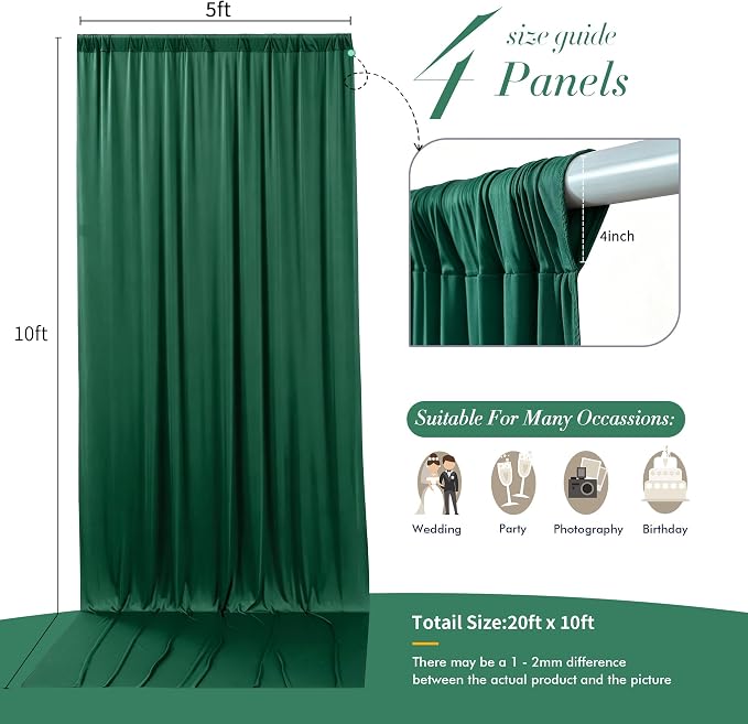 20 ft x 10 ft Wrinkle Free Hunter Green Backdrop Curtain for Parties, Polyester Dark Green Photo Backdrop Drapes 4 Panels 5x10ft for Baby Shower Wedding Birthday Party Photography Curtains - Image 7