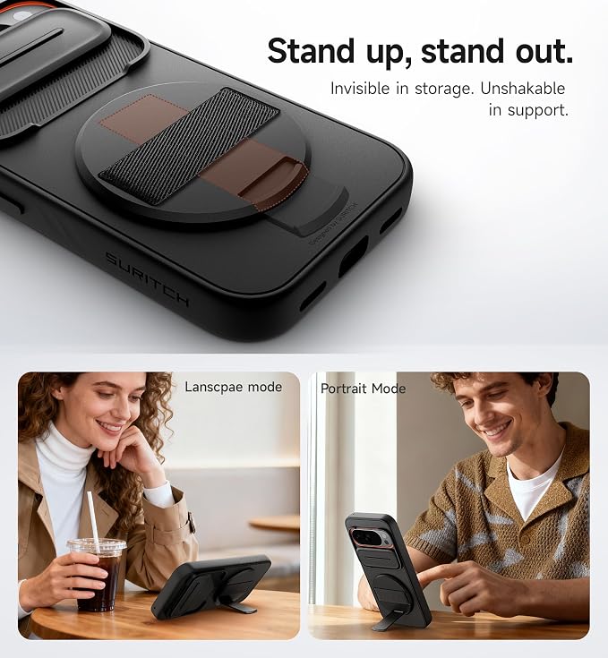 SURITCH for Google Pixel 10/10 Pro Case with 360° Rotatable Hand Strap Phone Grip Holder & Invisible Kickstand & Slide Camera Cover, Protective Cover for Pixel 10/10 Pro -Black - Image 6
