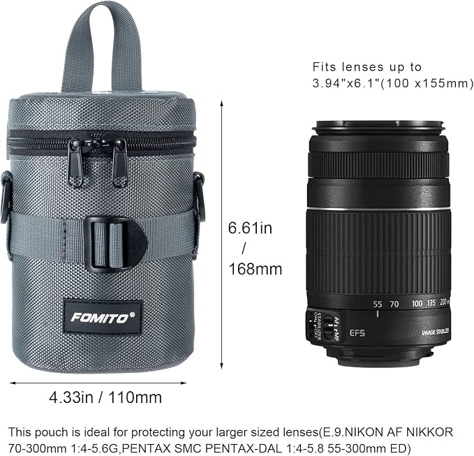 FOMITO M Size Water-Resistant Camera Lens Pouch Bag - Shockproof Protective Case with Mesh Pocket, Compatible with Canon EF-S 17-55mm, Nikon AF-S 18-200mm, Fujifilm XF 56mm & Lenses Under 3.94"x6.1" - Image 7