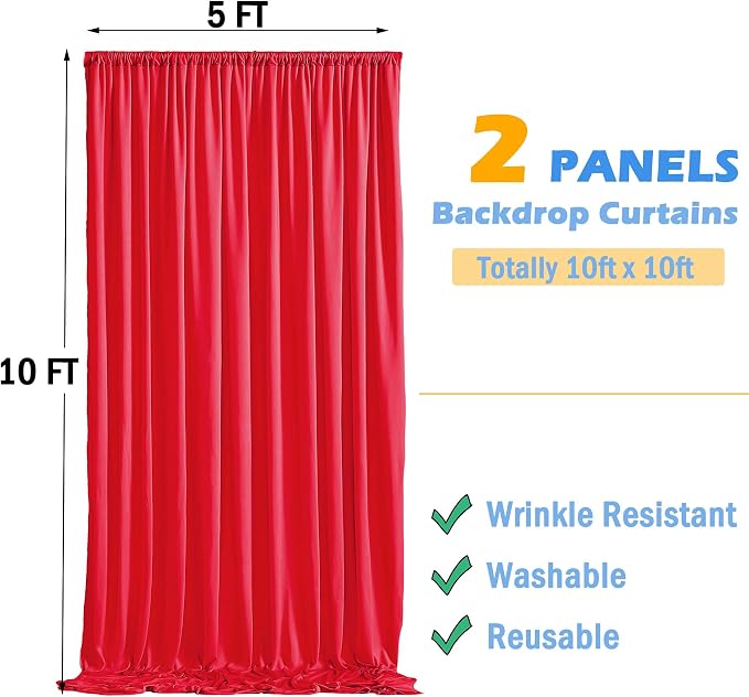 10x10ft Wrinkle Free Red Backdrop Curtains for Parties, 2 Panels 5x10ft Silky Polyester Photo Backdrop Drapes Back Drop Cloth Drapery for Wedding Birthday Photography Background Decor - Image 6