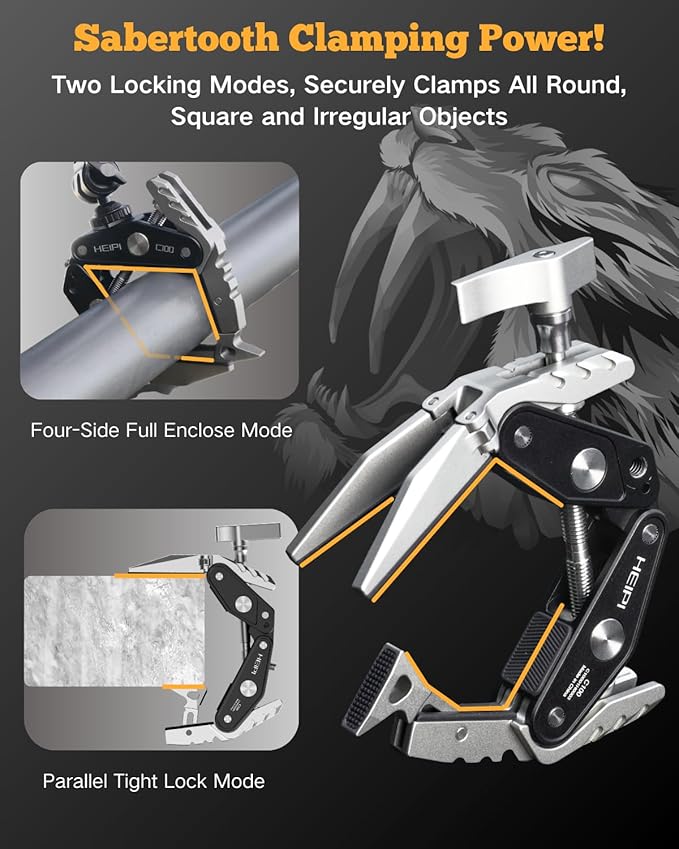 HEIPI C100 Super Clamp, Max Clamping 3.93" with 1/4"-20 & 3/8"-16 Screw | 2-in-1 clamp & stand design. Max clamping 3.93"/10cm.Compatible with phone, action camera, DSLR. Universal tripod accessories - Image 5