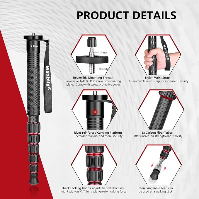 Carbon Fiber Camera Monopod, Portable Compact Lightweight Travel Monopod with Walking Stick Handle for DSLR Canon Nikon Sony Video Camcorder, 28mm Thick Leg, Max Load 22 lbs/10kg - Image 4