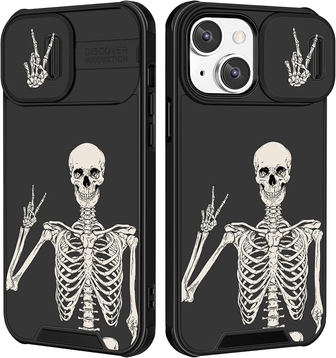 (2in1 for iPhone 15 Plus Case Skull Skeleton for Women Cute Cover Boys Gothic Spooky Funny Cool Black Design with Slide Camera Cover protective Stand Holder for iPhone 15 Plus Phone Case 6.7'' by Goocrux