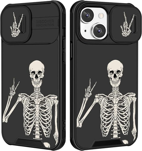 (2in1 for iPhone 15 Plus Case Skull Skeleton for Women Cute Cover Boys Gothic Spooky Funny Cool Black Design with Slide Camera Cover protective Stand Holder for iPhone 15 Plus Phone Case 6.7'' by Goocrux