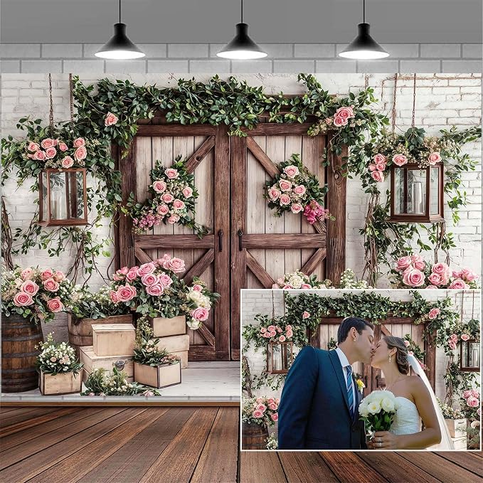 15x10ft Country Wedding Photography Backdrop Floral Rustic Roses Farmhouse Wooden Door Backdrop Pink Flower Birthday Baby Shower Wedding Bridal Party Banner Photo Booth Props Anniversary Background by Mtsxfy
