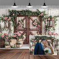 5x3ft Country Wedding Photography Backdrop Floral Rustic Roses Farmhouse Wooden Door Backdrop Pink Flower Birthday Baby Shower Wedding Bridal Party Banner Photo Booth Props Anniversary Background by Mtsxfy