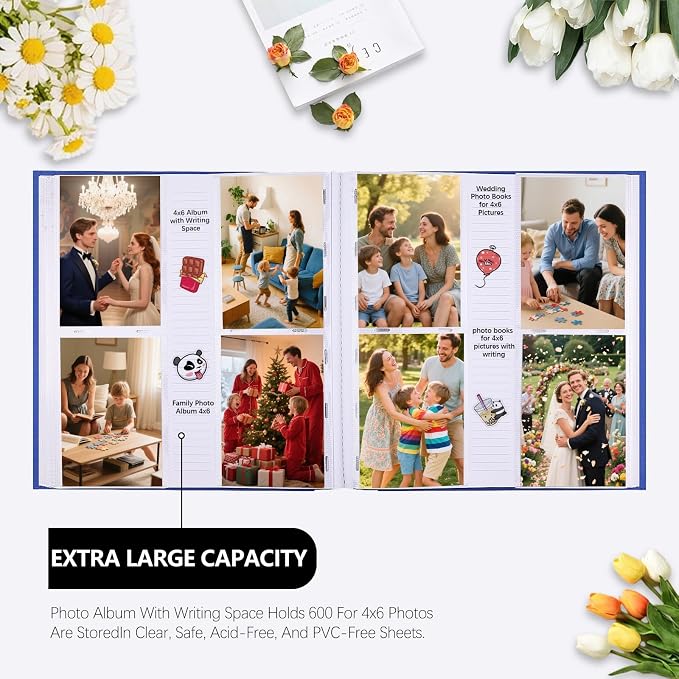Photo Album 4x6 Vertical 600 Photos with Writing Space, Blue | Linen Cover, Acid-Free Pages, Clear PP Pockets, Memo Writing Space, Front Display Window, Family, Wedding & Travel Memories - Image 3