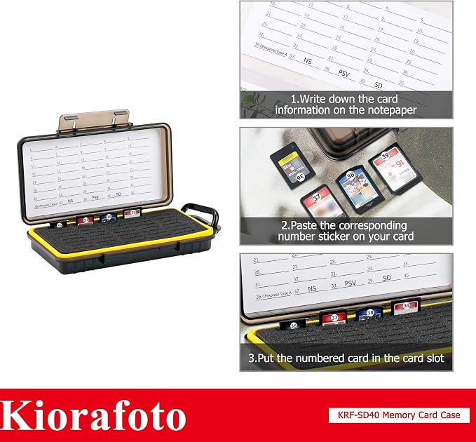 Kiorafoto 40 Slot SD Card Holder for Camera Memory Cards PSV Switch Cards | Large Capacity,Water-Resistant Memory Card Case,for 40 SD SDHC SDXC Cfexpress TypeA PS Vita Switch Cards,w Labels & Carabiner - Image 7