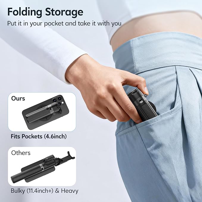 14.5" Mini Magnetic Tripod for iPhone with Light, Selfie Stick with Remote for MagSafe, Portable Pocket Size Selfie Stick, Small/Compact Cell Phone Tripod Stand for Recording, Travel Vlogging-Black - Image 6