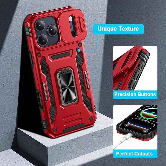 VEGO for iPhone 17 Pro Max Case with Slide Camera Cover and Kickstand Red | Privacy Tempered Glass Screen Protector & Ring Kickstand Military Grade Protection Cover for iPhone 17 ProMax - Red - Image 7