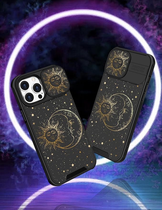 (2in1 for iPhone 14 Pro Max Case Sun and Moon Stars for Women Cute Space Phone Cover with Slide Camera Cover Protective Fashion Golden Print Design Black Cases for 14 ProMax 6.7'' - Image 4