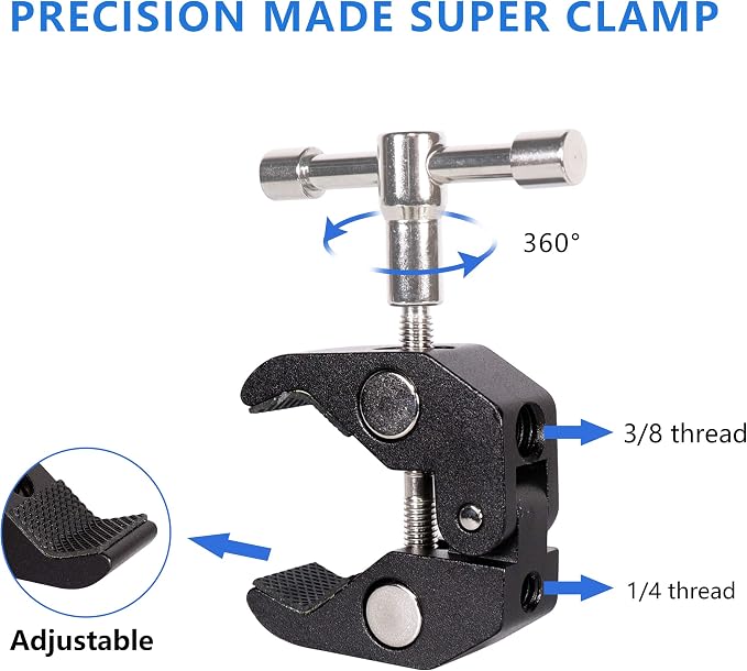 Cool Dual Ball head Magic Arm Adapter Camera Clamp Mount Super Clamp with 1/4 and 3/8 Thread, for DSLR Camera Rig, LED Light, Flash Light, Action Cam, 2Pack - Image 6
