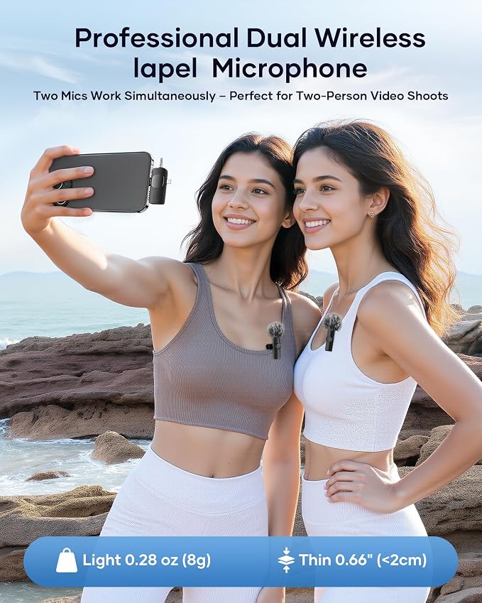 Wireless Microphone for iPhone iPad Android Phone and Camera, 2 Pack Wireless Lavalier Lapel Mic with Noise Reduction, 3 in 1 Mini Microphone for Video Recording Interview Podcast YouTube TikTok Vlog - Image 8