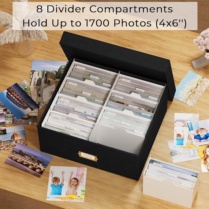 Decorative Photo Storage Box, Linen Photo Box Holds 1700 4x6 Pictures Black | Photo Storage Containers with 8 Dividers, Memory Keepsake Organizer for Photos, Scrapbook Supplies, Cards, Stamps,Archive Box - Image 2