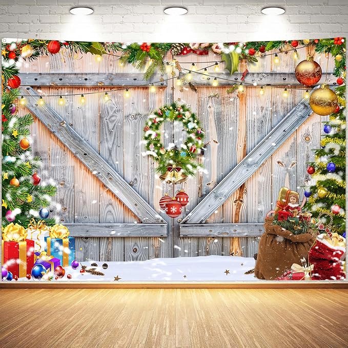 Christmas Photo Backdrop for Photography, 8x6ft | Vinyl Merry Xmas Wall Background for Photoshoot, Red Gift Snow Tree, Rustic Barn Wood Door, for Outdoor, Party Decorations by TERSUM
