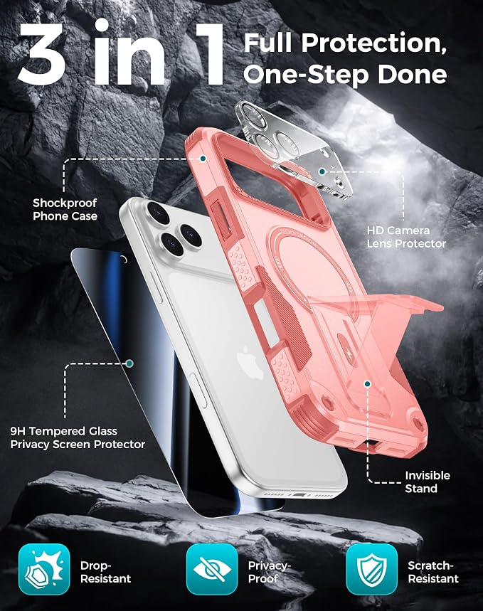 Goton 3 in 1 for iPhone 17 Pro Case with Privacy Screen Protector Pink | Glass Camera Lens Protector,Compatible for MagSafe,Invisible Kickstand, Shockproof Phone Cover for iPhone 17Pro - Image 3