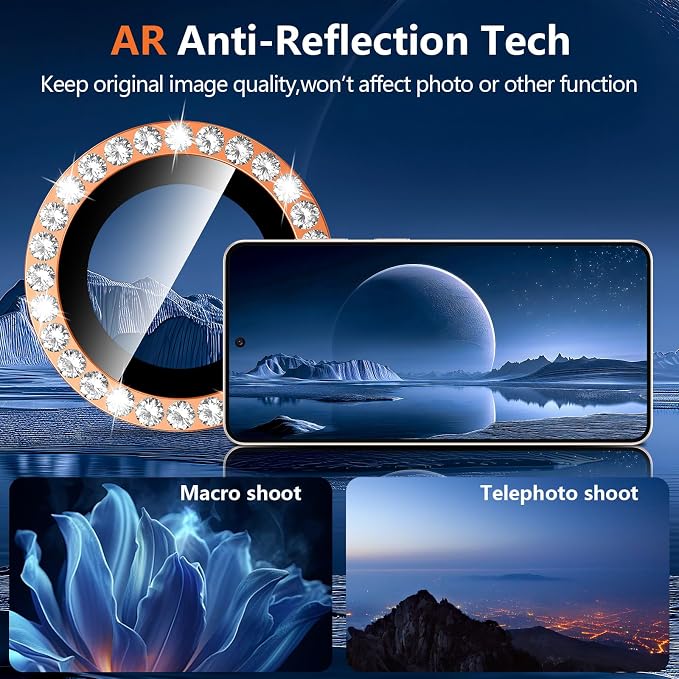 for Samsung Galaxy S26 Camera Lens Protector, Individual Metal Ring Tempered Glass Lens Cover, [Strong Adsorption] Scratch Resistant Ultra-Thin HD Clear Lens Cover, 1 Set-Orange Diamond - Image 3
