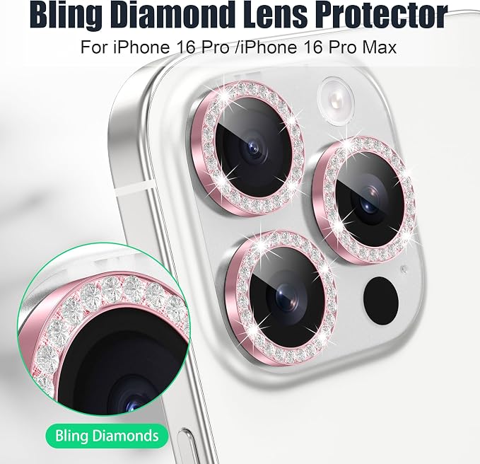 AGVEE 3+3 6 Pack for iPhone 16 Pro & Max Camera Lens Protector Cover | Individual Bling Diamond & Bling Glitter Sparkle Cute Gem Metal Ring, 9H Tempered HD Glass - Image 4
