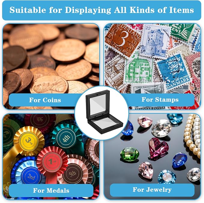 Molain 80 Pcs Coin Holder Challenge Coin Display Stand, 3D Floating Display Case 2.8 x 2.8 x 0.8 Inch Clear Film Jewelry Storage Box, Coins Case Frame Stand for Challenge Coins Fossils - Image 5