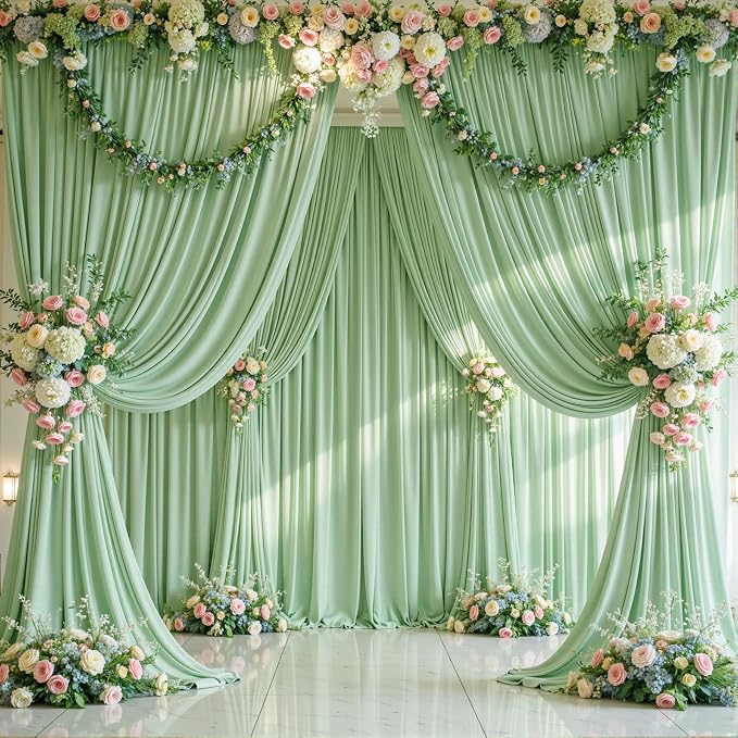 8 Panels Sage Green Backdrop Curtains for Wedding Party Wrinkle Free Backdrops Curtain Drapes Fabric Decorations Photo Back Drop Cloth for Baby Shower Photography Stage Reception 40ft(W) x 12ft(H) - Image 2