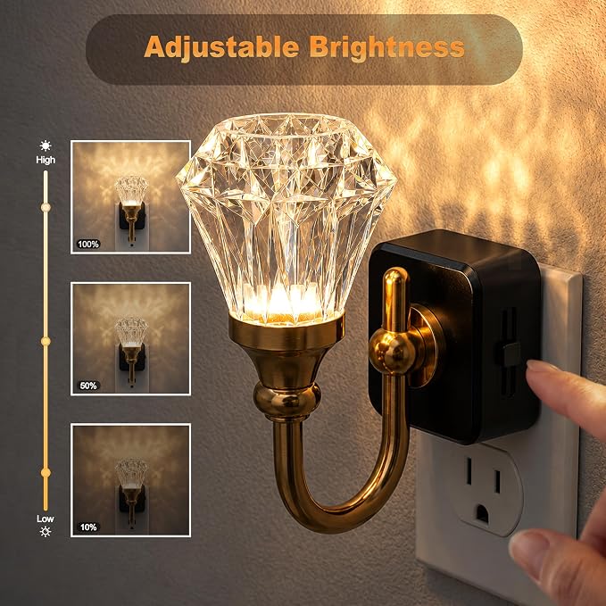 JandCase Night Light, Night Lights Plug into Wall, Crystal LED Nightlight | 0-100 LM Dimmable Nightlights, Dusk to Dawn Sensor, 1W Vintage Rotatable Nite Light for Bathroom Hallway Decor, 2 Pack - Image 2