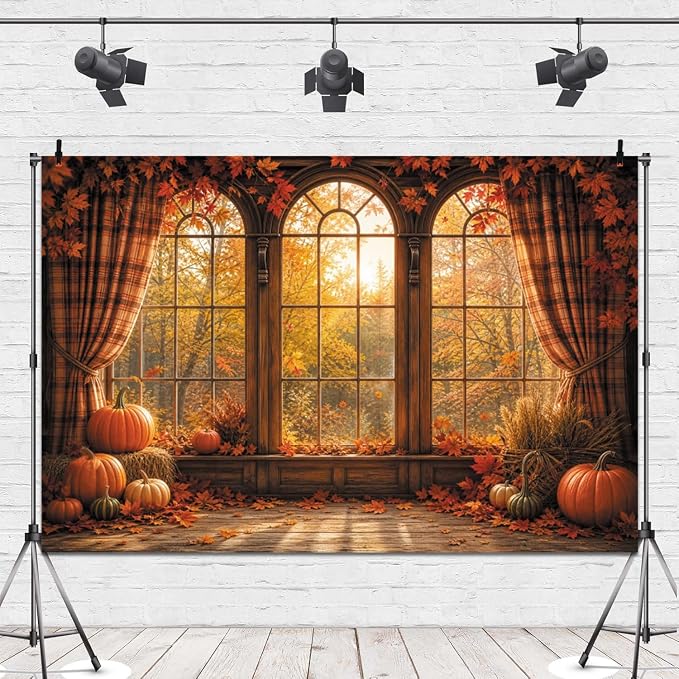 Autumn Fall Window Backdrop 12x8ft Rustic Wooden Arched Window with Pumpkin Maple Leaves Thanksgiving Harvest Photo Background for Party Decor Portrait Photography Booth Props Vinyl - Image 4