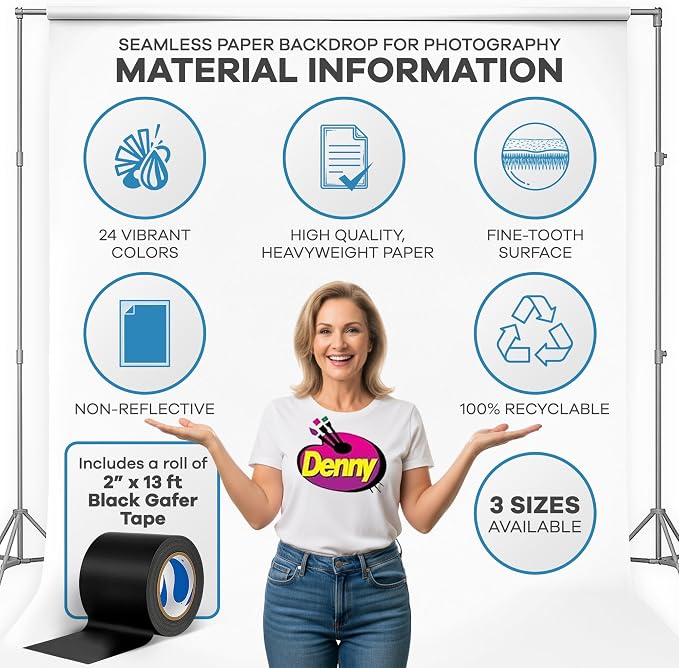 Denny Mfg Seamless Paper Backdrop for Photoshoot, True White 107 in x 36 ft | Backdrop Roll, Matte Finish for Portraits, Product Photos and Video Shoots, Includes Free Roll Gaffer Tape (2 in x 13 ft) - Image 4