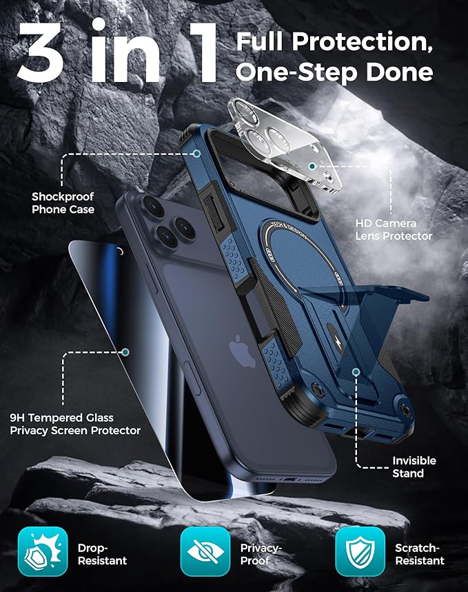 Goton 3 in 1 for iPhone 17 Pro Max Case with Privacy Screen Protector Blue | Glass Camera Lens Protector,Compatible for MagSafe,Invisible Kickstand, Shockproof Phone Cover for iPhone 17 Promax - Image 3