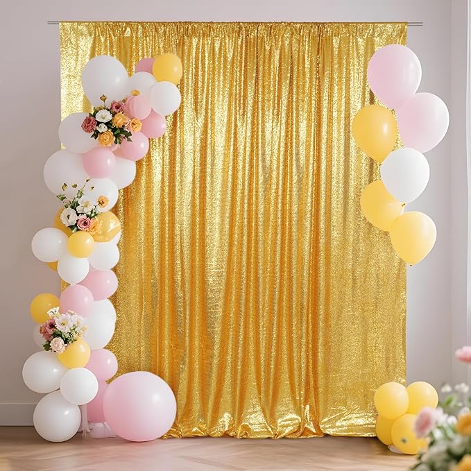 SquarePie 6x8ft Gold Sequin Backdrop, High Density Non-Transparent Glitter Curtain for Photography, Birthday, Wedding Party Decorations, Thick Solid Background with 4" Rod Pocket, 1 Panel by SquarePie