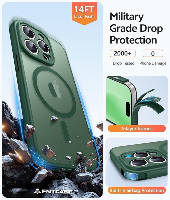 FNTCASE for iPhone 15 Pro Max Case, Fit for Magsafe, Glass Screen Protector | Full Camera Protection, Translucent Matte, 14FT Military Grade Drop Proof, Shockproof Protective Phone Cover, Green - Image 5