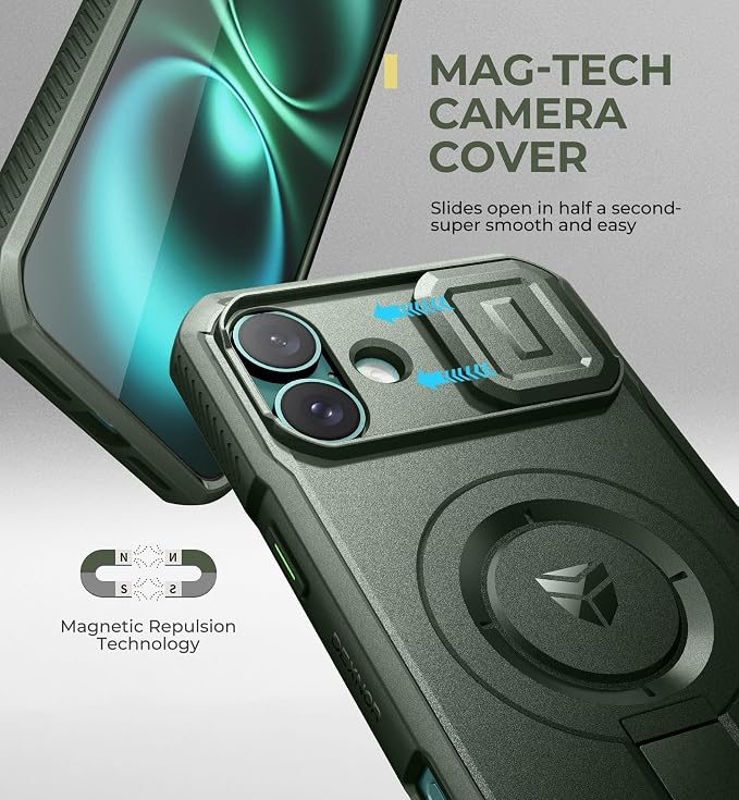 Dexnor for iPhone 16 Plus Case with Slide Camera Cover & Adjustable Kickstand, Magnetic Rugged Shockproof Bumper Cases Heavy-Duty Mangetic Protective Cover,Army Green - Image 4