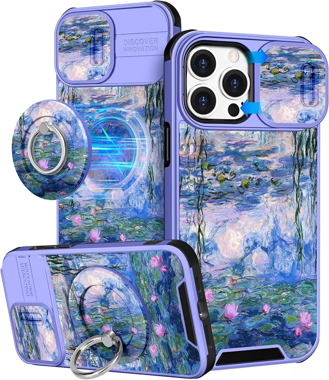 Buleens for iPhone 13 Pro Max Case - with Ring Stand & Camera Cover Cute Designed for Women Girls Girly Pretty Blue Water Lily for Phone Case for iPhone 13 Pro Max Compatible with Magsafe by Buleens