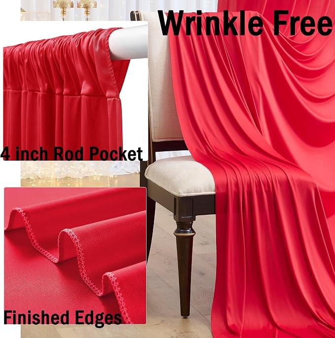 10x10ft Wrinkle Free Red Backdrop Curtains for Parties, 2 Panels 5x10ft Silky Polyester Photo Backdrop Drapes Back Drop Cloth Drapery for Wedding Birthday Photography Background Decor - Image 2