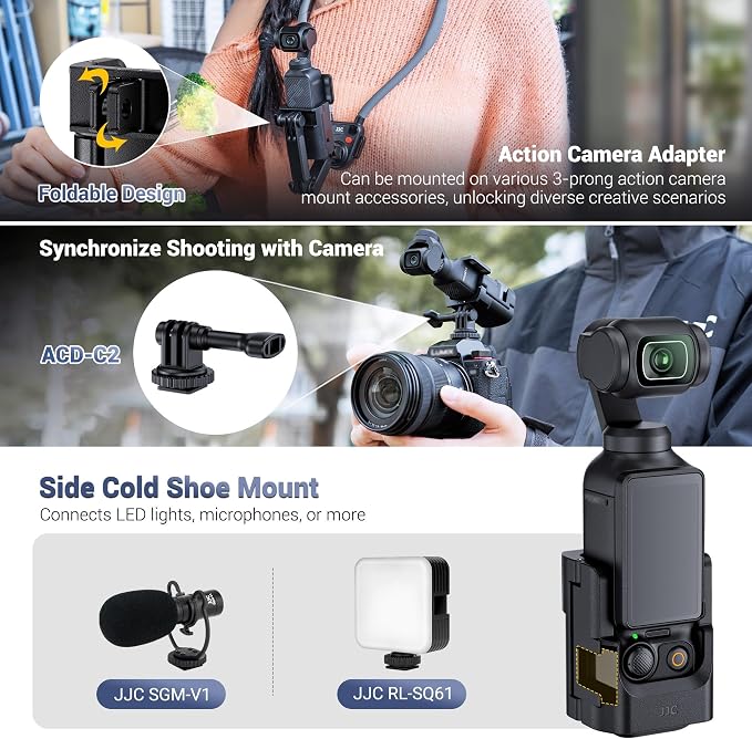 JJC Expansion Adapter for DJI Osmo Pocket 4 3 / Xtra Muse,Ultra Lightweight | Protective Cage with Cold Shoe Mount & Folding 2-Fingers Interface,Not Interfere Joystick - Image 3