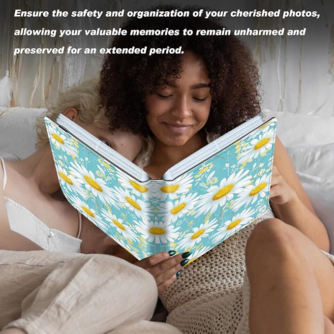 Small Photo Album 5x7, 60 Pockets Holds 120 Photos, Slip-in Pocket Photo Album with Black Elastic Band for Family Wedding Baby Travel Pictures, White Daisy Floral - Image 7