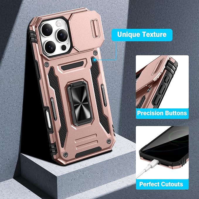 VEGO for iPhone 16 Pro Case with with Privacy Screen Protector and Stand | Slide Camera Cover & Ring Kickstand Military Grade Heavy Duty Protection Cover for iPhone 16 Pro 5G 6.3 Inch - Rose Gold - Image 7